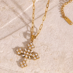 18K gold plated stainless steel paperclip chain necklace with zircon cross pendant