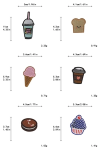 Spécifications de taille pour divers écussons brodés de cupcakes et café