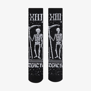 Gothic black crew socks featuring white knit XIII Reaper and Death tarot card pattern