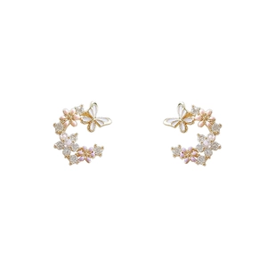 C-shaped gold butterfly and flower earrings with pink enamel and sparkling zircons