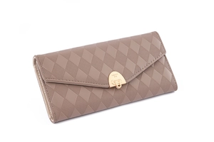 Detail of taupe PU leather wallet with diamond lattice texture and gold shield buckle