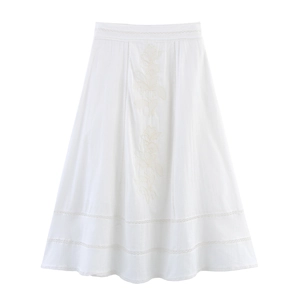 French style white A-line midi skirt with floral embroidery and hollow lace detailing