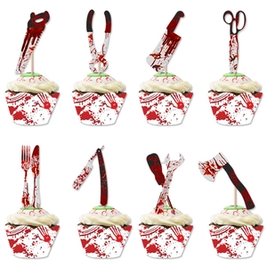 Halloween Cake Toppers And Wrappers Bloody Tool Shapes Scary Horror Paper Wood Party Decoration