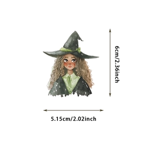 Detailed view showing a forest witch sticker with precise 6cm height and 5.15cm width dimensions