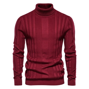 Slim fit men's turtleneck knit sweater in burgundy with vertical rib-knit texture