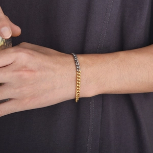 Two-tone silver and gold plated stainless steel Cuban link bracelet for men on wrist