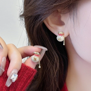 Orecchini Portafortuna Con Zircone Rame Nappa Goccia Stile Cinese Nodo Rosso Perno In Argento