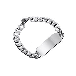 Men's hip-hop Cuban link stainless steel bracelet with rectangular ID tag for custom engraving