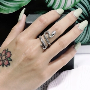 Detailansicht eines silbernen Schlangenrings mit feinen Schuppen und Spiral-Design
