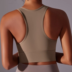 Deep beige racerback sports bra for women featuring a supportive wide band and open back design