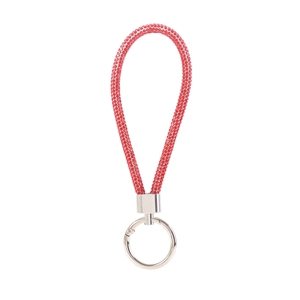 Close-up of red braided keychain with luxury rhinestones and polished silver metal ring