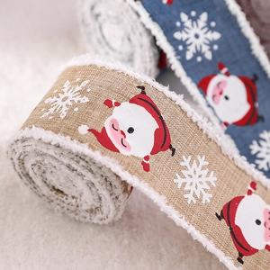 Linen Christmas ribbon rolls with Santa and snowflake patterns and plush fur edges