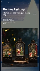 Close-up of vintage bronze Christmas lantern with swirling glitter and festive figures