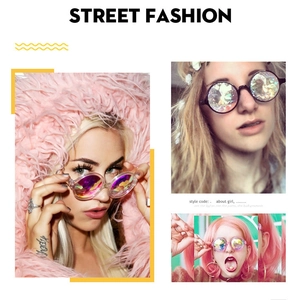 Detailed view of faceted kaleidoscope lenses on round street fashion party sunglasses