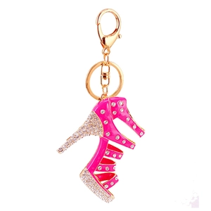 Creative pink high heel keychain with sparkling rhinestones and gold-tone hardware clasp