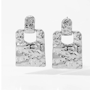 Irregular textured square earrings in polished silver stainless steel for women