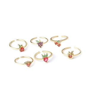Colorful zircon fruit adjustable rings featuring grape, strawberry, and cherry designs