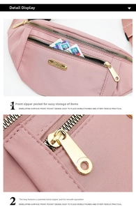 Pink nylon waist bag featuring multi-layer zip storage and gold-tone hardware detail