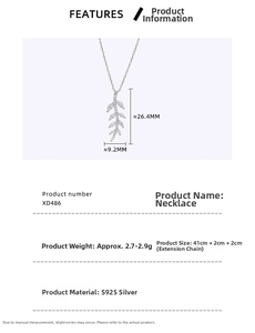 Detailed S925 sterling silver leaf necklace dimensions showing pendant and chain length