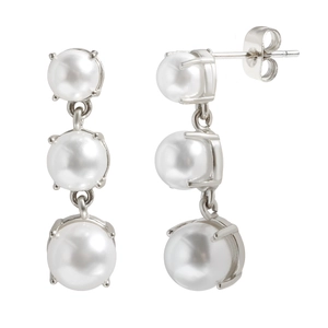 Elegant triple white pearl drop earrings with silver stainless steel finish
