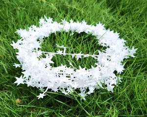 Close-up of white star garland decorations on a natural green grass background