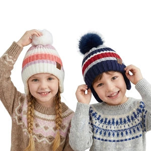 Kids Knitted Beanie Hat With Faux Fur Pom Pom Striped Winter Warm Earflaps Protective Outdoor For Boys Girls