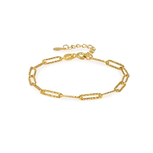 Elegant gold 925 sterling silver paperclip chain bracelet with textured rectangular links