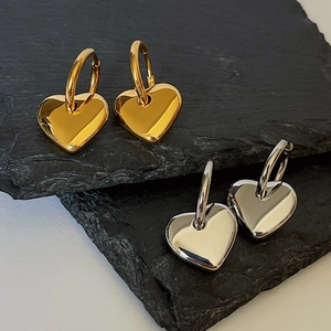 Polished 18k gold and silver stainless steel hoop earrings with 3D heart-shaped pendants