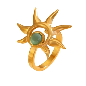 Macro detail of sunburst stainless steel ring with a central green opal gemstone