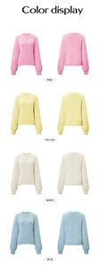 Color options display of crew neck knit sweaters in pink, yellow, white, and blue