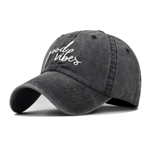 Washed Cotton Baseball Cap With Good Vibes Embroidery Distressed Vintage Style Adjustable Sun Hat For Men And Women