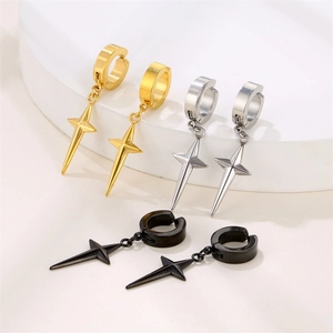 Stainless Steel Hoop Earrings Cross Four Pointed Star Pendant Dangle Ear Clips Unisex Punk Gothic Jewelry For Men Women