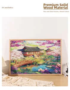 Premium solid wood picture frame showcasing an East Asian garden art puzzle on a desk