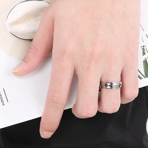 Detail of a silver faceted stainless steel ring on a model hand with modern style