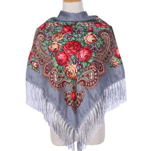 Retro grey floral paisley shawl with fringe tassels displayed on a female mannequin