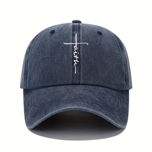 Casquette de baseball en coton bleu marine délavé avec motif croix Faith blanc