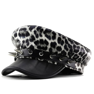 Punk style leopard print army cap with black leather brim and silver metal rivets