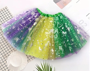 Detail of purple, green, and yellow gradient tulle skirt with silver festive patterns