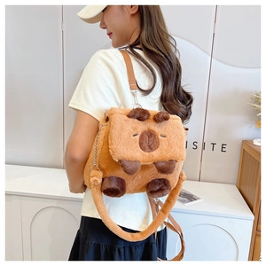 Rear view of a model wearing a cute brown plush Capybara backpack with adjustable straps