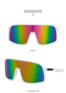 Front and side macro views of white cycling sunglasses with iridescent rainbow lenses