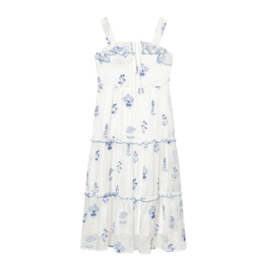 Damen Weiß Blau Floral Stickerei Gestuftes Maxikleid Rüschen Cami Ärmellos Süßer Lolita Stil Off Shoulder