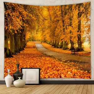 Detailed view of forest path wall tapestry with golden autumn trees in a cozy room