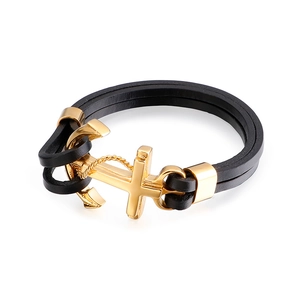 Men's multilayer black leather bracelet featuring golden anchor and cross metal clasp
