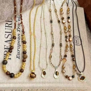 Collier De Perles En Pierre Oeil De Tigre Alliage Rétro Style Maillard Pendentif Superposé Longue Chaîne Pour Femmes