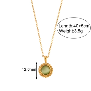 Golden sun pendant necklace with green faux stone, 12mm pendant, 40+5cm chain length