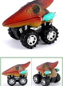 Detailed views of a red and green Pterodactyl toy car with a black off-road chassis