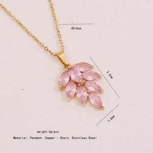 Detail showing dimensions of leaf pendant necklace with pink stone and gold chain