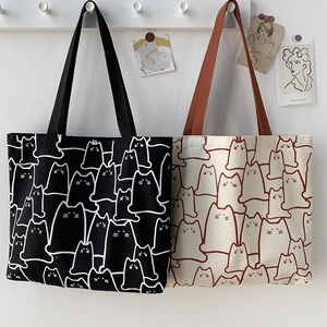 Large Capacity Canvas Tote Bag Cute Cartoon Cat Print Zipper Shoulder Handbag Artistic Student Casual
