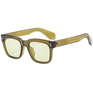 Square translucent olive green sunglasses with wide temples and metallic arrow studs