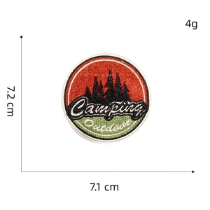 Detailed size view of camping embroidery patch measuring 7.2cm by 7.1cm for outdoor gear